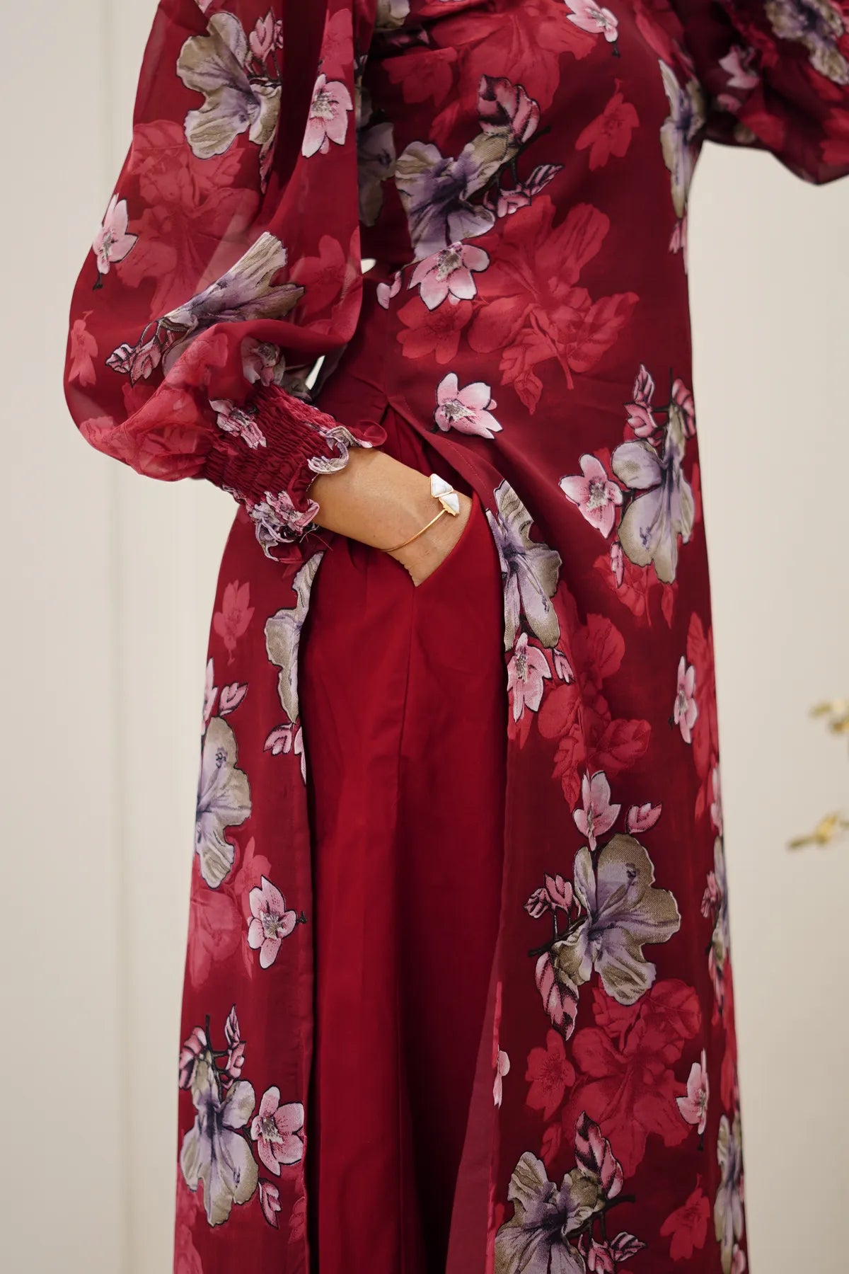 Burgundy Floral Korean Style Kurti Set