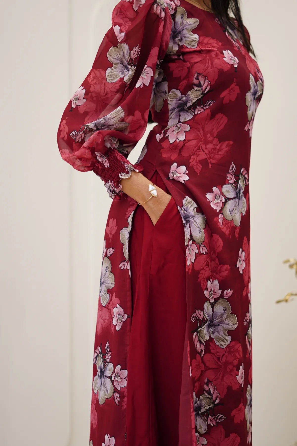 Burgundy Floral Korean Style Kurti Set
