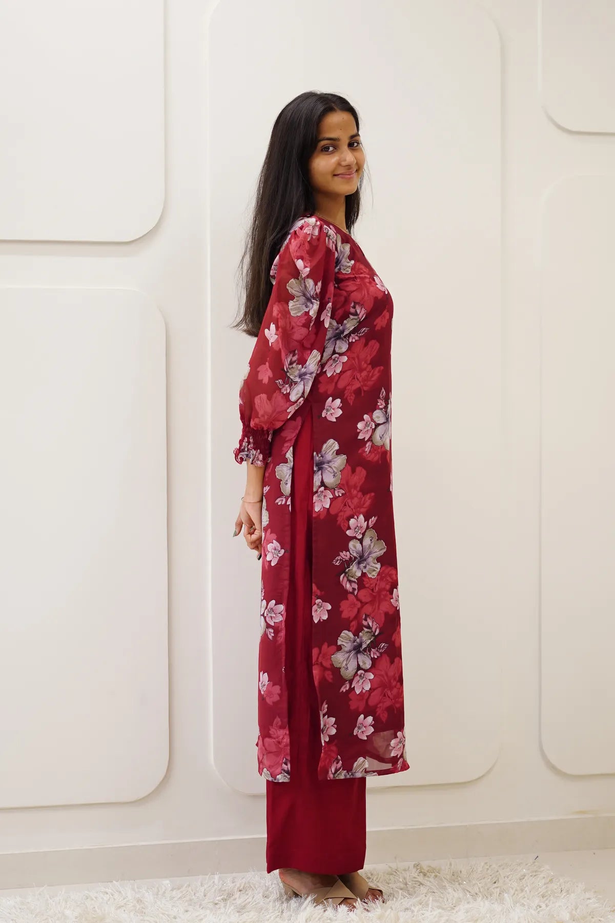 Burgundy Floral Korean Style Kurti Set