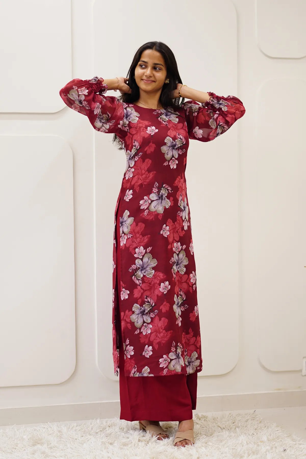 Burgundy Floral Korean Style Kurti Set