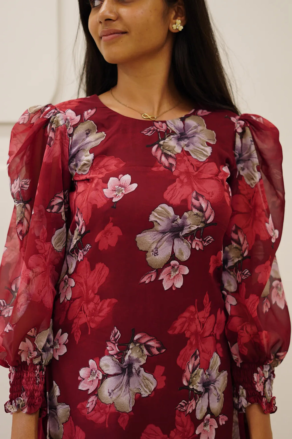 Burgundy Floral Korean Style Kurti Set