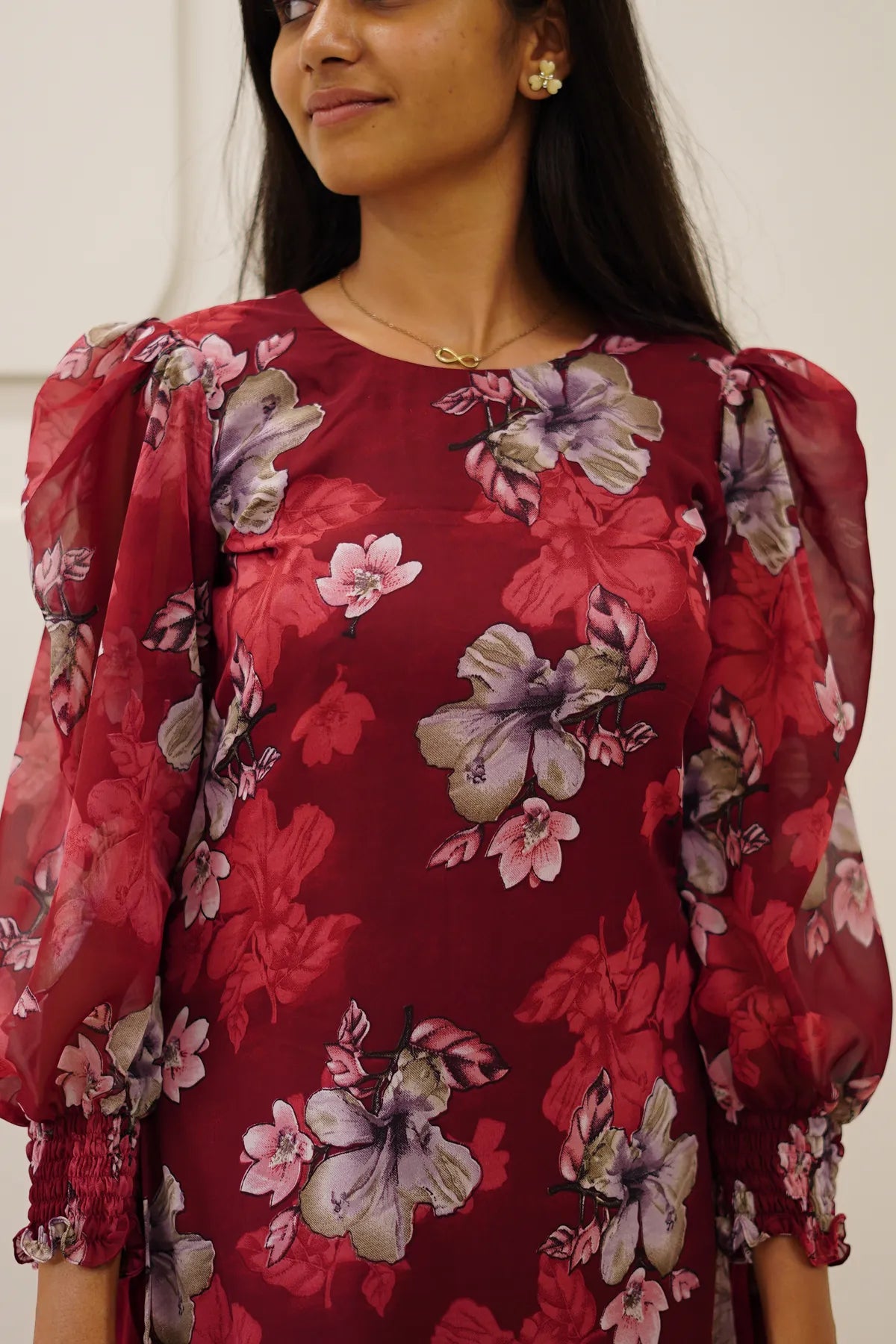 Burgundy Floral Korean Style Kurti Set