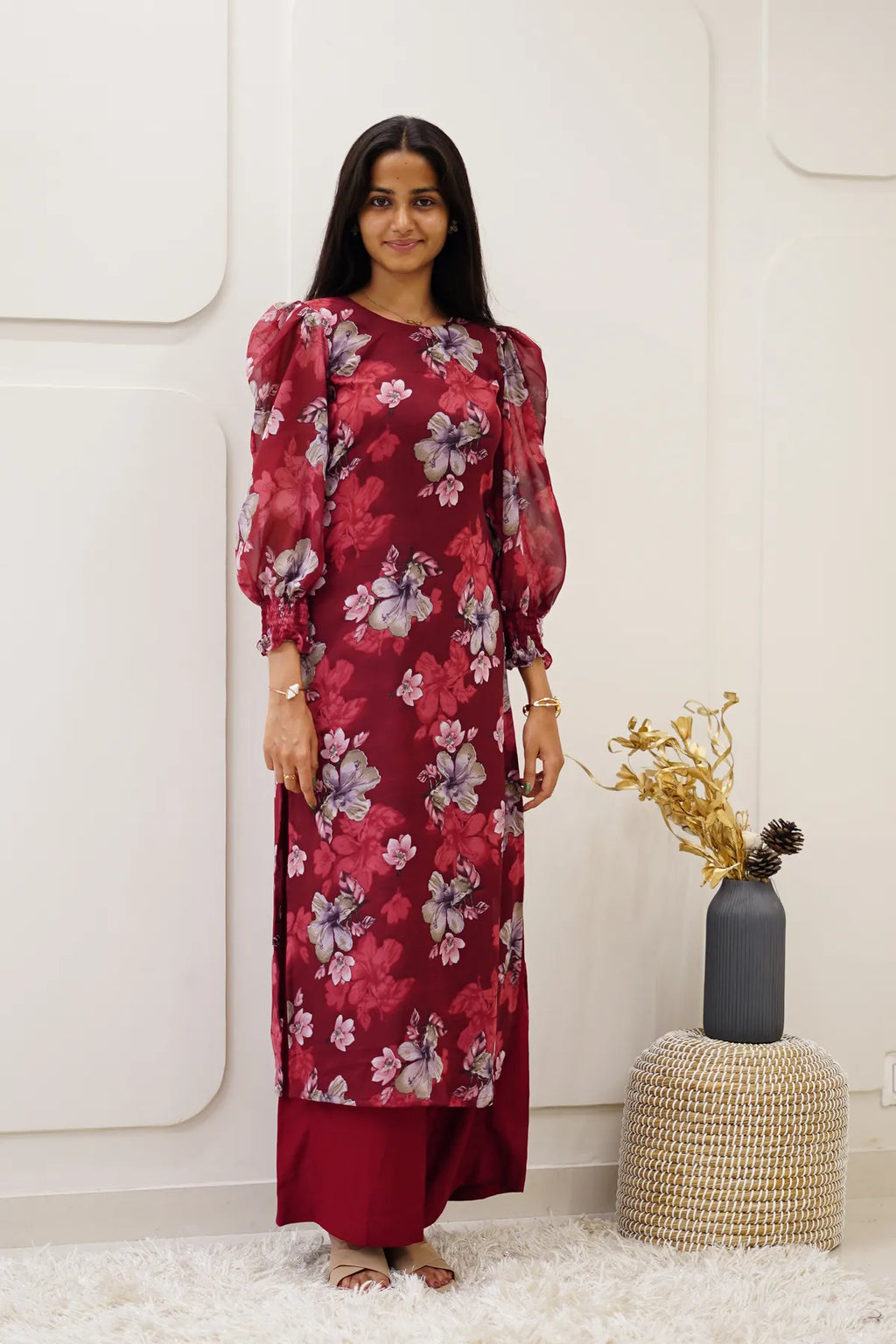 Burgundy Floral Korean Style Kurti Set