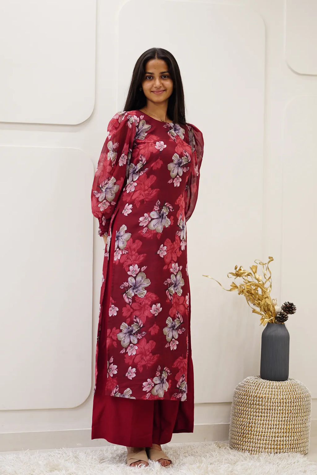 Burgundy Floral Korean Style Kurti Set